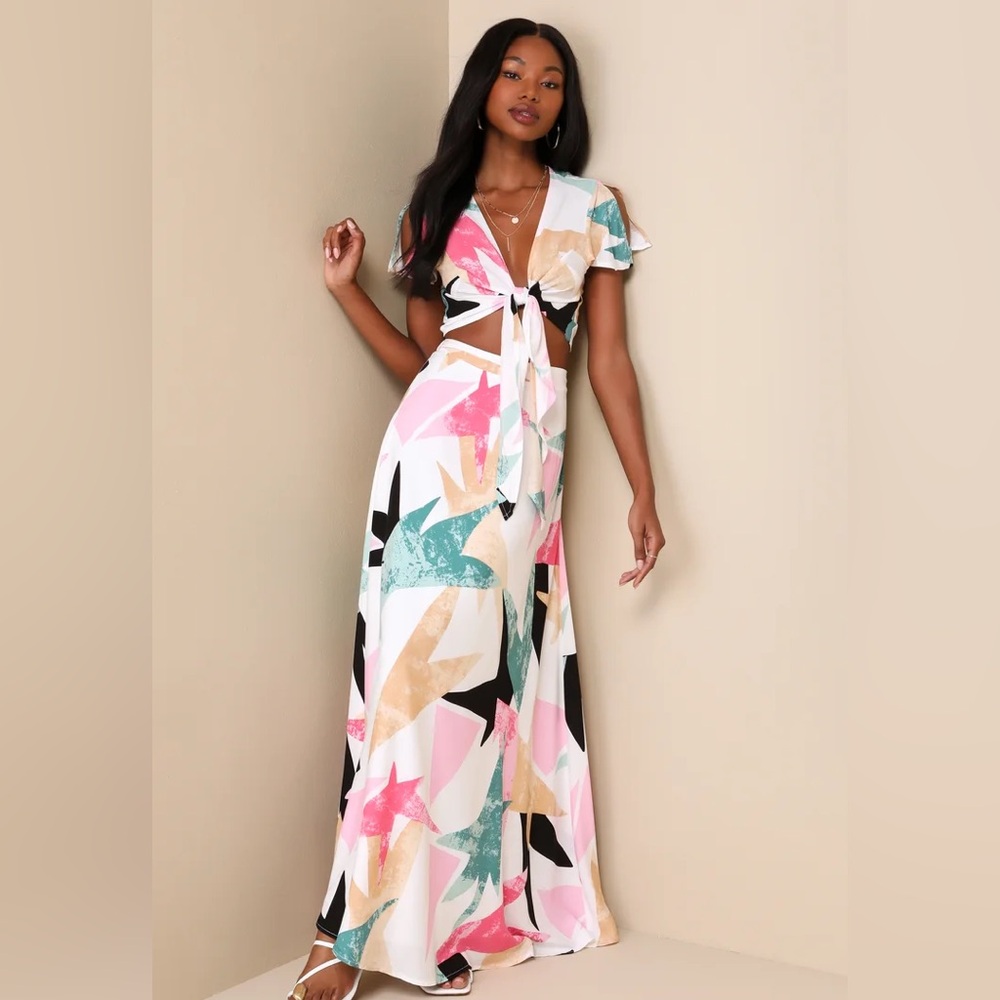 Lulus Daydreaming White Print Two-piece Maxi Dress